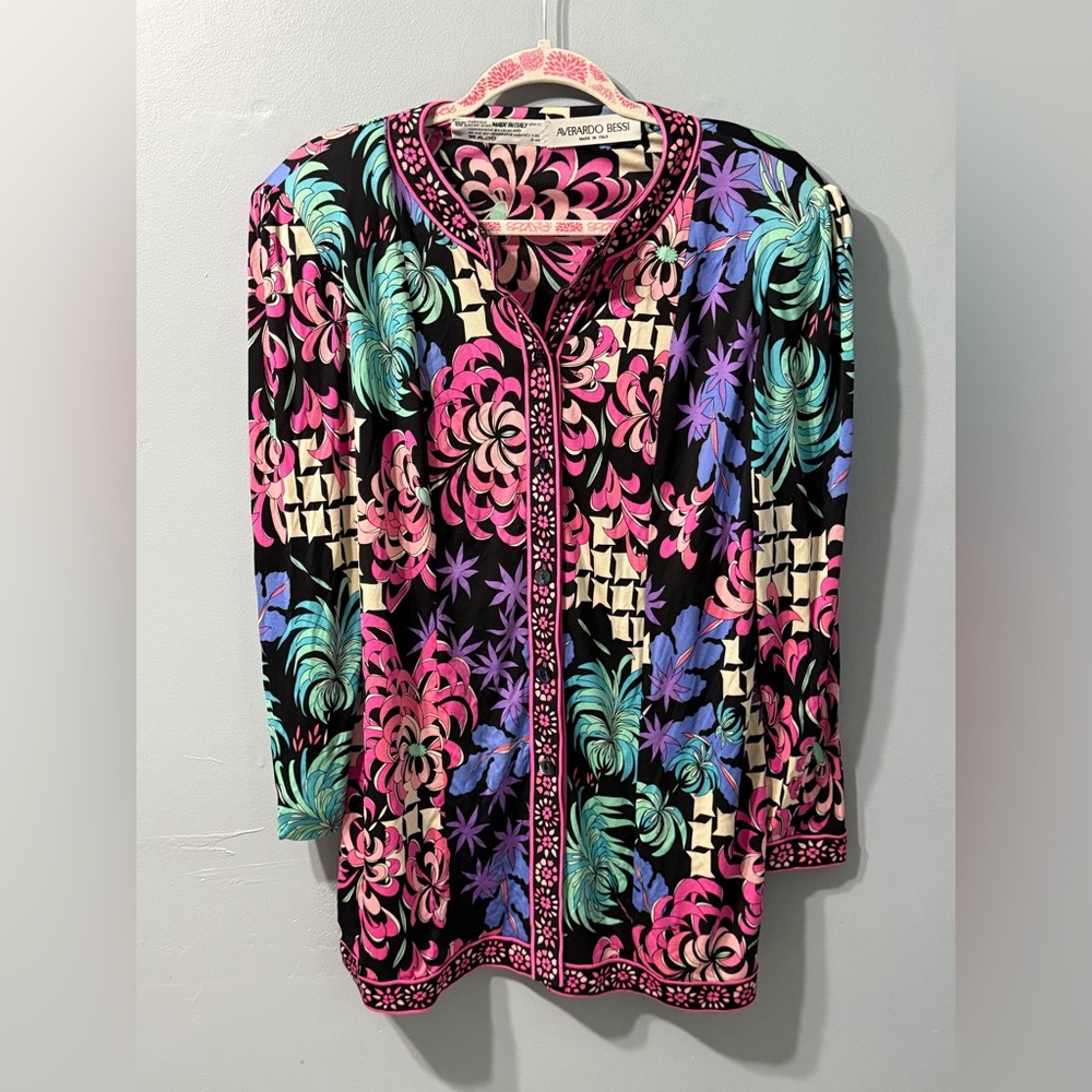 Vintage Averardo Bessi Silk Long Sleeve Floral Blouse Black Multicolor Size 12